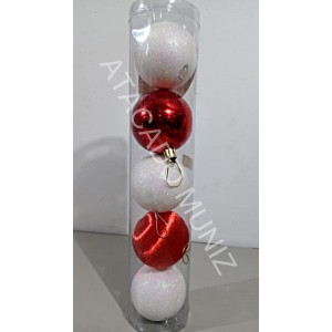 KIT BOLAS DE NATAL FU XING MISTA VERMELHA E BRANCA 5 PECAS
