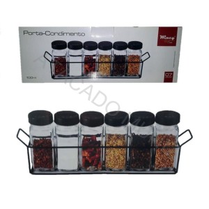 PORTA CONDIMENTO WINCY DE VIDRO KIT COM 6 PECAS 100ML E SUPORTE ARAMADO