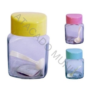 POTE DE VIDRO PRATIBELLA QUADRADO COM TAMPA DE PLASTICO COLORS COLHER 340ML