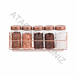 PORTA CONDIMENTO VIDRO 5 PECAS 80ML E SUPORTE ARAMADO METALALIZADO ROSE GOLD HAUSKRAF