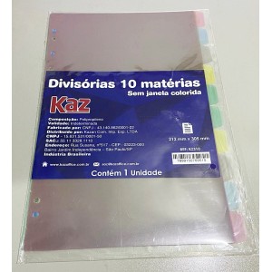 DIVISORIA PARA FICHARIO UNIVERSITARIO COM 10 UNIDADES EM PVC
