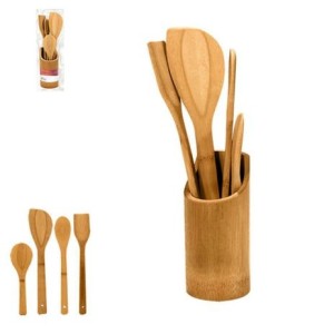 JOGO DE TALHER DE BAMBU 4 PECAS MAIS SUPORTE